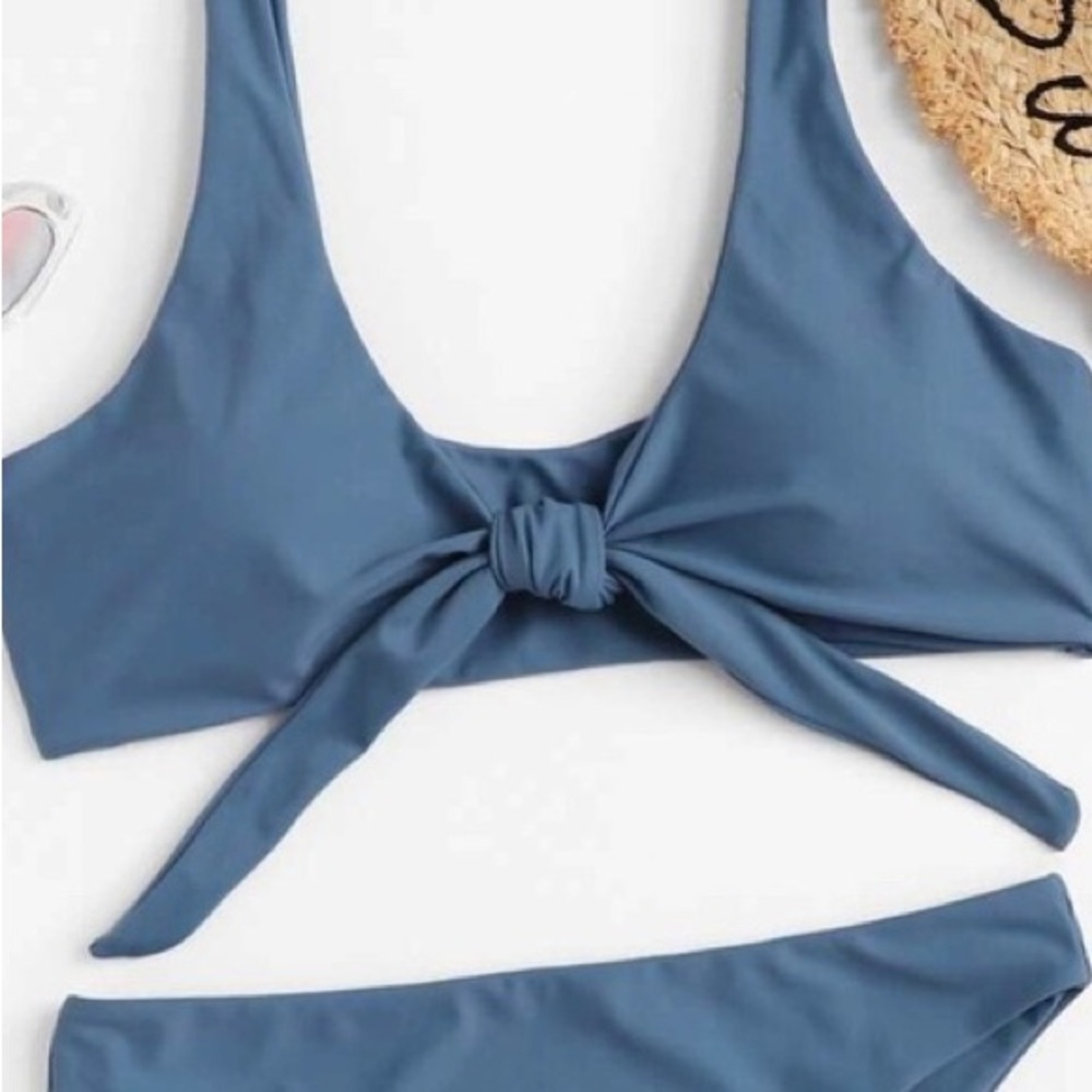 NWOT Zaful Swim Bikini Top Tie Front Dusty Blue Sz 4